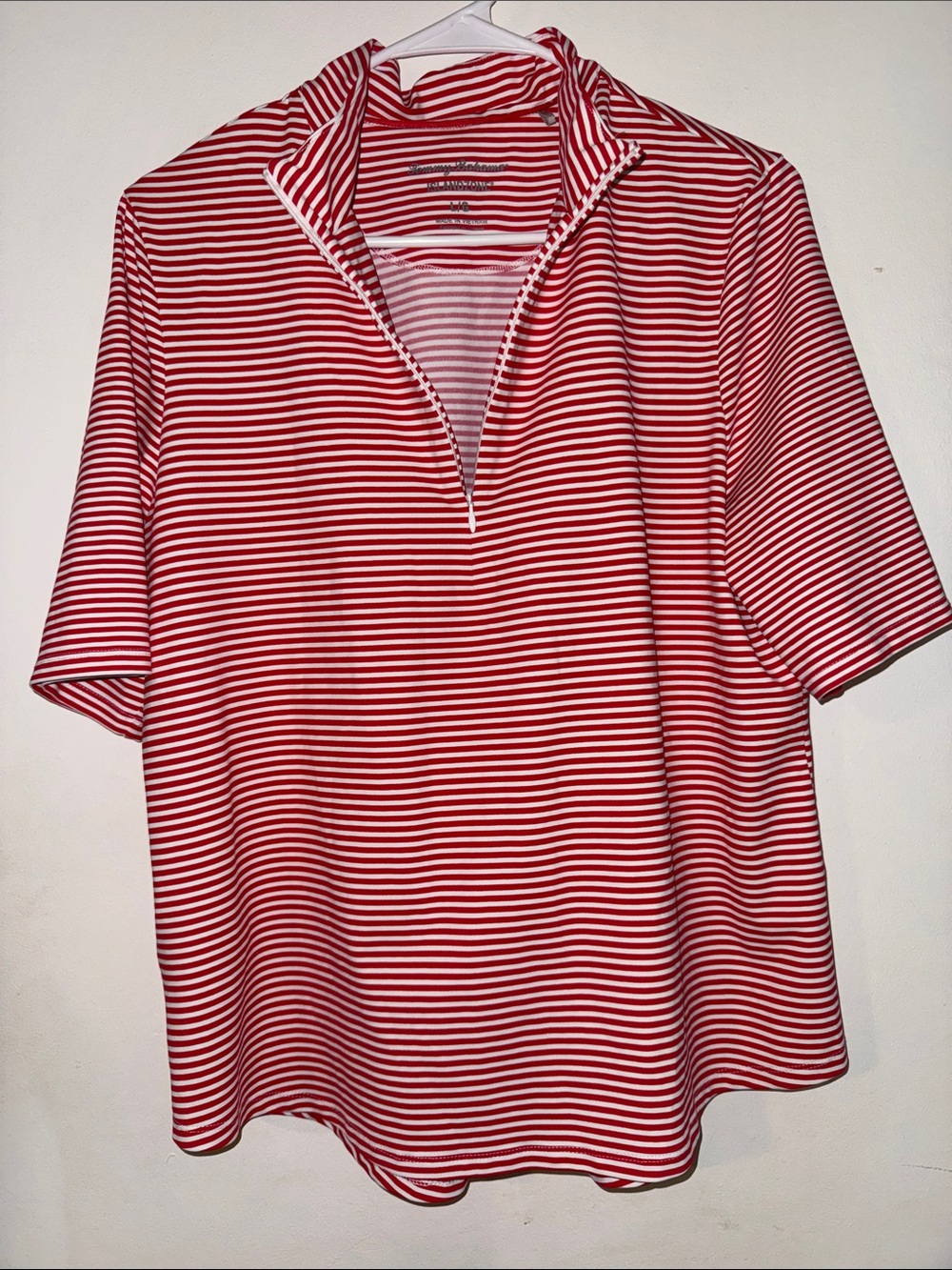 Tommy Bahama Red & White Striped Short-Sleeve Half-Zip Top